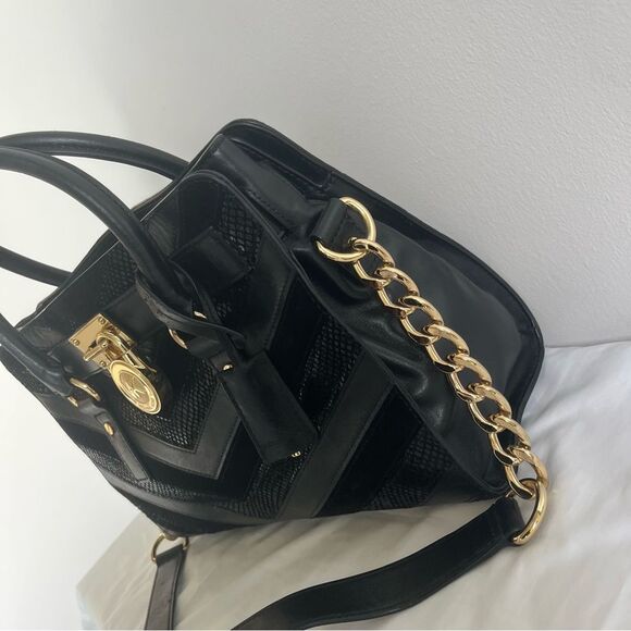 MICHAEL KORS Chevron Stripe Snakeskin Hamilton Satchel Tote Jet Set Raven Fulton - Picture 5 of 11